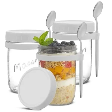 JoyJolt 3-Pack Glass Overnight Oats Jars with Lids and Spoons Set (16 oz), BPA-Free, Leak Proof Cont...