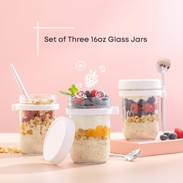 JoyJolt 3-Pack Overnight Oats Jars Eco-Friendly Meal Prep