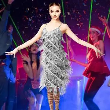 PLULON Women's 1920s Gatsby Sequin Fringed Vintage Flapper Dress Cocktail Party Dress with 20s Accessories Costume Set for Evening Prom (Gray)