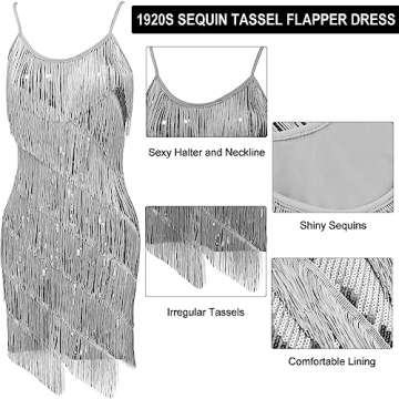 PLULON Women's 1920s Gatsby Sequin Fringed Vintage Flapper Dress Cocktail Party Dress with 20s Accessories Costume Set for Evening Prom (Gray)