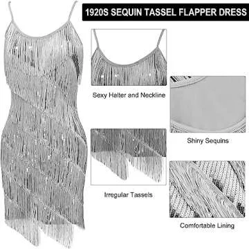 PLULON Women's 1920s Gatsby Sequin Fringed Vintage Flapper Dress Cocktail Party Dress with 20s Accessories Costume Set for Evening Prom (Gray)