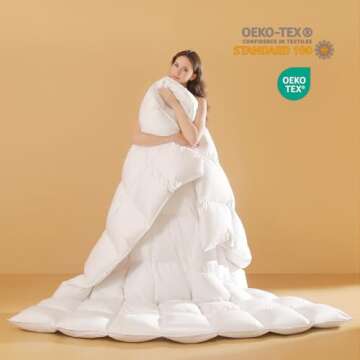 DOWNSTORIA Feather Down Fiber Comforter Queen Size, Ultra Soft 100% Cotton Duvet Insert, Luxurious Hotel Collection White Fluffy Bedding Comforters, All Season Medium Warmth 90 x 90 Inch.