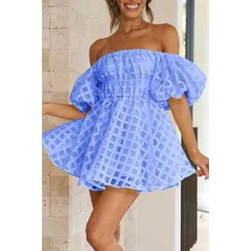 PRETTYGARDEN Women's Off The Shoulder Babydoll Dress Short Puff Sleeve Casual A Line Ruffle Summer Dresses (Plaid Light Blue,X-Large)