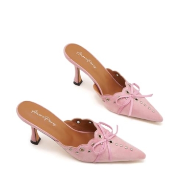 ATBELL Suede Bow Tie Heeled Mules Comfortable Stylish Pink