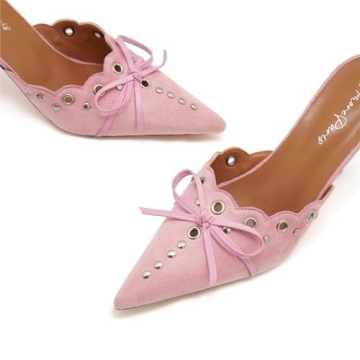 ATBELL Suede Bow Tie Heeled Mules Comfortable Stylish Pink