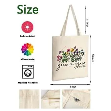 AUSVKAI Cute Canvas Tote Bag Aesthetic For Women Grocery Bag Cotton Beach Totes Gift For Grow in Grace