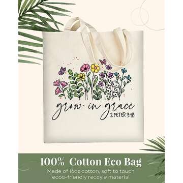 AUSVKAI Cute Canvas Tote Bag Aesthetic For Women Grocery Bag Cotton Beach Totes Gift For Grow in Grace
