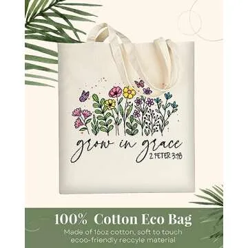 AUSVKAI Cute Canvas Tote Bag Aesthetic For Women Grocery Bag Cotton Beach Totes Gift For Grow in Grace