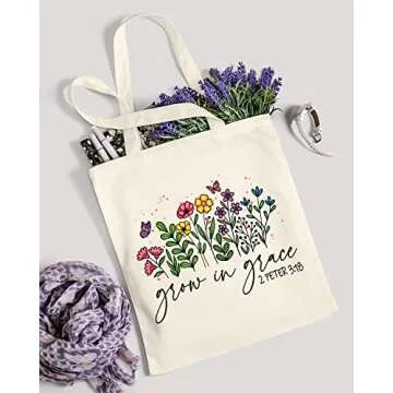 AUSVKAI Cute Canvas Tote Bag Aesthetic For Women Grocery Bag Cotton Beach Totes Gift For Grow in Grace