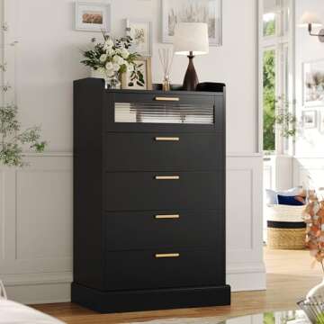 HOSTACK Modern 5 Drawer Dresser, Tall Dresser Chest of Drawers with Gold Handles, Wood Dresser Stora...