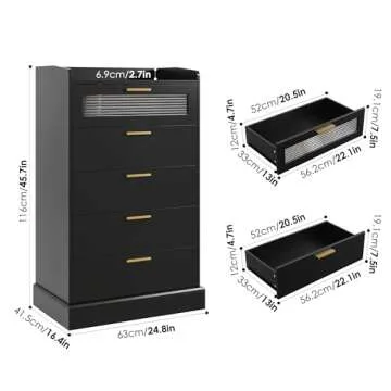HOSTACK Modern 5 Drawer Dresser, Tall Dresser Chest of Drawers with Gold Handles, Wood Dresser Storage Cabinet with Anti-Drop Fence & Fluted Glass for Living Room, Hallway, Entryway, Black