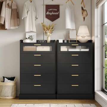 HOSTACK Modern 5 Drawer Dresser, Tall Dresser Chest of Drawers with Gold Handles, Wood Dresser Storage Cabinet with Anti-Drop Fence & Fluted Glass for Living Room, Hallway, Entryway, Black