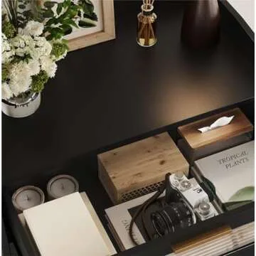 HOSTACK Modern 5 Drawer Dresser, Tall Dresser Chest of Drawers with Gold Handles, Wood Dresser Storage Cabinet with Anti-Drop Fence & Fluted Glass for Living Room, Hallway, Entryway, Black