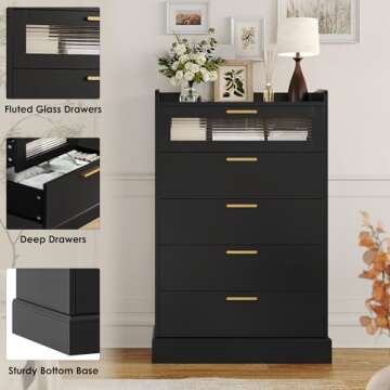 HOSTACK Modern 5 Drawer Dresser, Tall Dresser Chest of Drawers with Gold Handles, Wood Dresser Storage Cabinet with Anti-Drop Fence & Fluted Glass for Living Room, Hallway, Entryway, Black