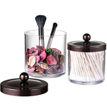 Premium Quality Plastic Apothecary Jars - Qtip Holder Bathroom Vanity Countertop Storage Organizer Canister Clear Acrylic for Cotton Swabs,Rounds, Balls,Makeup Sponges,Bath Salts / 2 Pack (bronze)
