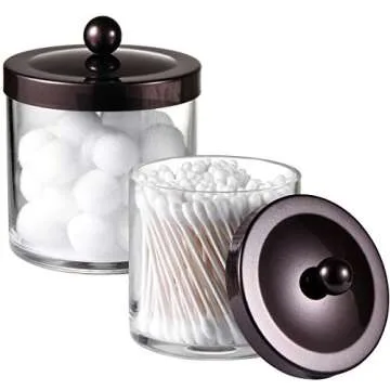 Premium Quality Plastic Apothecary Jars - Qtip Holder Bathroom Vanity Countertop Storage Organizer Canister Clear Acrylic for Cotton Swabs,Rounds, Balls,Makeup Sponges,Bath Salts / 2 Pack (bronze)