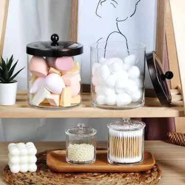 Premium Quality Plastic Apothecary Jars - Qtip Holder Bathroom Vanity Countertop Storage Organizer Canister Clear Acrylic for Cotton Swabs,Rounds, Balls,Makeup Sponges,Bath Salts / 2 Pack (bronze)