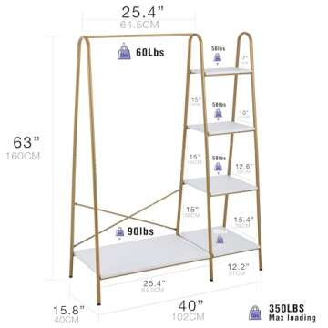 Finnhomy Clothes Rack, Clothing Rack for Hanging Clothes Heavy Duty Garment Rack with 5 Wood Shelves Freestanding Portable Closet Organizer for Bedroom/Entryway/Boutiques，Gold