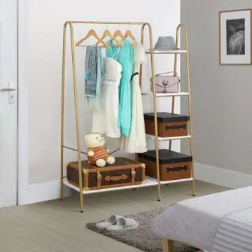 Finnhomy Clothes Rack, Clothing Rack for Hanging Clothes Heavy Duty Garment Rack with 5 Wood Shelves Freestanding Portable Closet Organizer for Bedroom/Entryway/Boutiques，Gold