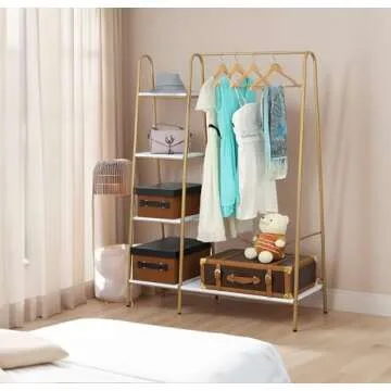 Finnhomy Clothes Rack, Clothing Rack for Hanging Clothes Heavy Duty Garment Rack with 5 Wood Shelves Freestanding Portable Closet Organizer for Bedroom/Entryway/Boutiques，Gold