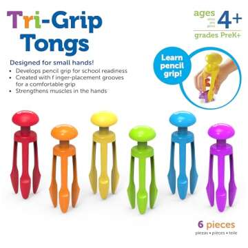 Learning Resources 3 Prong Tong, Pencil Grip Tongs, Sensory Bin, Fine Motor Toy, Set of 6, Ages 4+