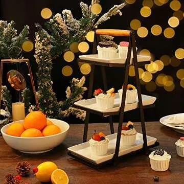 Yedio 3 Tier Serving Tray, Porcelain Three Tiered Serving Trays Platters for Cake Dessert Fruit Appetizers Cupcake, Foldable Ceramic Serving Stand for Party Entertaining Food Display, Dishwasher Safe