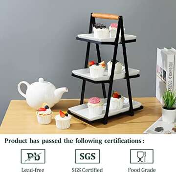 Yedio 3 Tier Serving Tray, Porcelain Three Tiered Serving Trays Platters for Cake Dessert Fruit Appetizers Cupcake, Foldable Ceramic Serving Stand for Party Entertaining Food Display, Dishwasher Safe