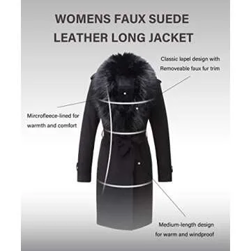 Bellivera Women Faux Leather Trench Coat Fleece-Lined Mid-length Jacket with Detachable Fur Collar