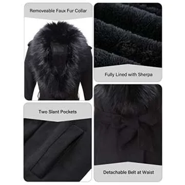 Bellivera Women Faux Leather Trench Coat Fleece-Lined Mid-length Jacket with Detachable Fur Collar