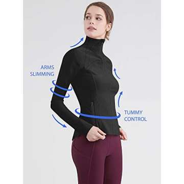 Lock and Love LL QJC3008 Women's Running Shirt Full Zip Workout Track Jacket with Thumb Holes M Black