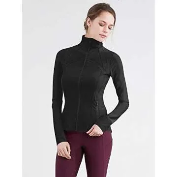 Lock and Love LL QJC3008 Women's Running Shirt Full Zip Workout Track Jacket with Thumb Holes M Black