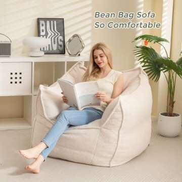 HIGOGOGO Giant Bean Bag Sofa Chair, Big Comfy Sofa Chair for Bedroom Living Room, Bean Bag Lazy Chair for Adults with Armrests for Gaming, Reading, Beige