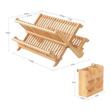 HBlife Bamboo Dish Drying Rack with Utensils Flatware Holder Set, 3-Tier Large Folding Drying Holder...