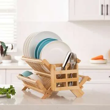 HBlife Bamboo Dish Drying Rack with Utensils Flatware Holder Set, 3-Tier Large Folding Drying Holder for Kitchen Counter, Collapsible Drainer