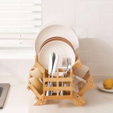 HBlife Bamboo Dish Drying Rack with Utensils Flatware Holder Set, 3-Tier Large Folding Drying Holder for Kitchen Counter, Collapsible Drainer