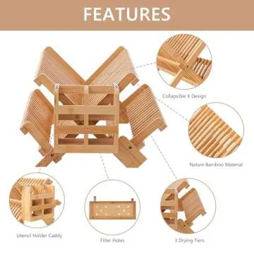 HBlife Bamboo Dish Drying Rack with Utensils Flatware Holder Set, 3-Tier Large Folding Drying Holder for Kitchen Counter, Collapsible Drainer