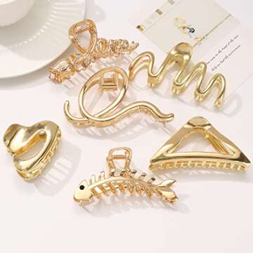 MHDGG Large Metal Hair Claw Clips for Women, 6-Pack Non-Slip Strong Hold Clips for Thin or Thick Curly Hair Styling (Gold)