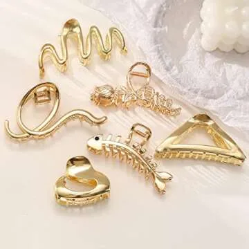 MHDGG Large Metal Hair Claw Clips for Women, 6-Pack Non-Slip Strong Hold Clips for Thin or Thick Curly Hair Styling (Gold)