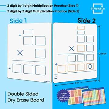 SCRIBBLEDO Dry Erase Long Multiplication Board 9"x12" Double Sided Practice Whiteboard with 2x1 & 2x2 Digit Multiplication for Home, School, Classroom, Kids, Students Math Manipulatives Lapboard