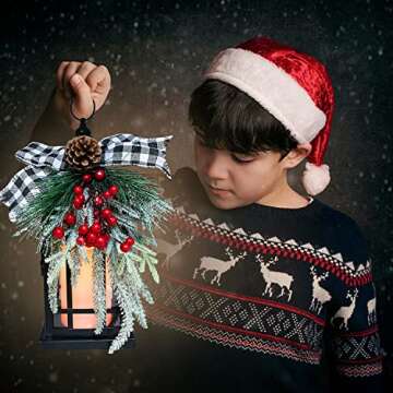 Christmas Decorative Lantern w/LED Flickering Flameless Candle - 14 Inch, Antiqued Vintage Lantern with Xmas Ornament for Outside Indoor Table Holiday Party Decorations