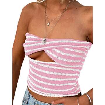 MISSACTIVER Women Striped Knit Bandeau Top Sexy Strapless Sleeveless Twist Front Hollow Out Backless...