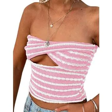MISSACTIVER Women Striped Knit Bandeau Top Sexy Strapless Sleeveless Twist Front Hollow Out Backless...