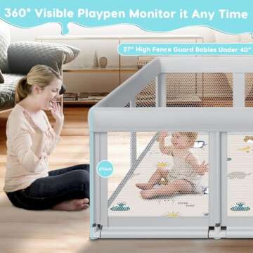Fshibila 74" ×50" Large Baby Playpen, Baby Playard for Babies and Toddlers, Baby Fence Play Pens for Indoor & Outdoor, Sturdy Safety Play Yard with Soft Breathable Mesh, Anti-Fall, Grey (with MAT)
