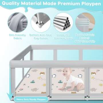 Fshibila 74" ×50" Large Baby Playpen, Baby Playard for Babies and Toddlers, Baby Fence Play Pens for Indoor & Outdoor, Sturdy Safety Play Yard with Soft Breathable Mesh, Anti-Fall, Grey (with MAT)