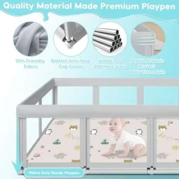 Fshibila 74" ×50" Large Baby Playpen, Baby Playard for Babies and Toddlers, Baby Fence Play Pens for Indoor & Outdoor, Sturdy Safety Play Yard with Soft Breathable Mesh, Anti-Fall, Grey (with MAT)