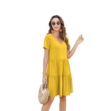 Arolina Women's Casual Swing Shift Dress Summer V Neck Short Sleeve Babydoll Ruffle Dress Tunic Dress (Yellow,M)