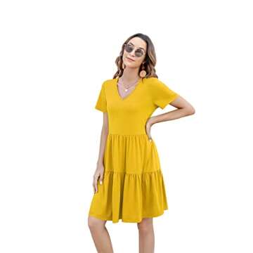 Arolina Women's Casual Swing Shift Dress Summer V Neck Short Sleeve Babydoll Ruffle Dress Tunic Dress (Yellow,M)