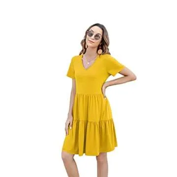 Arolina Women's Casual Swing Shift Dress Summer V Neck Short Sleeve Babydoll Ruffle Dress Tunic Dress (Yellow,M)