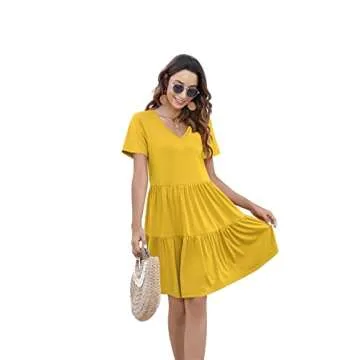 Arolina Women's Casual Swing Shift Dress Summer V Neck Short Sleeve Babydoll Ruffle Dress Tunic Dress (Yellow,M)