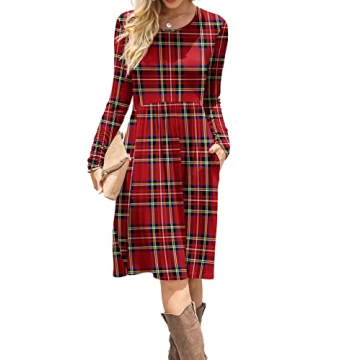 DB MOON Womens Casual Long Sleeve Dresses Empire Waist Knee Length Loose Dress with Pockets (DBL Red...